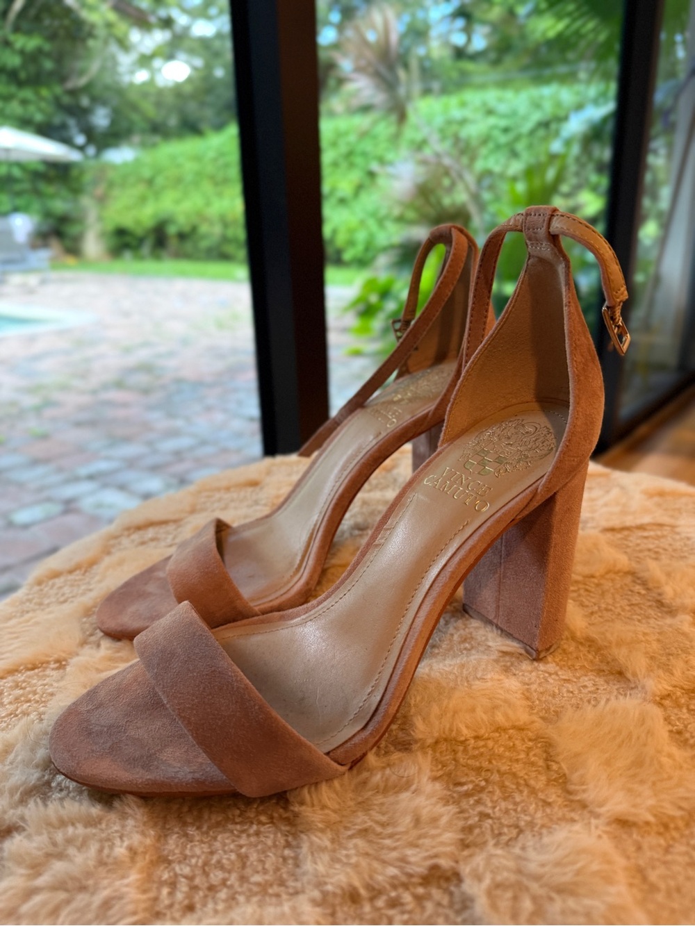 Vince Camuto Taupe Suede Block Heel Ankle-Strap Sandals